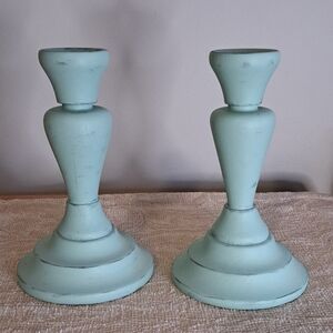 Blue/Green Wooden Candle Holders 7.5"